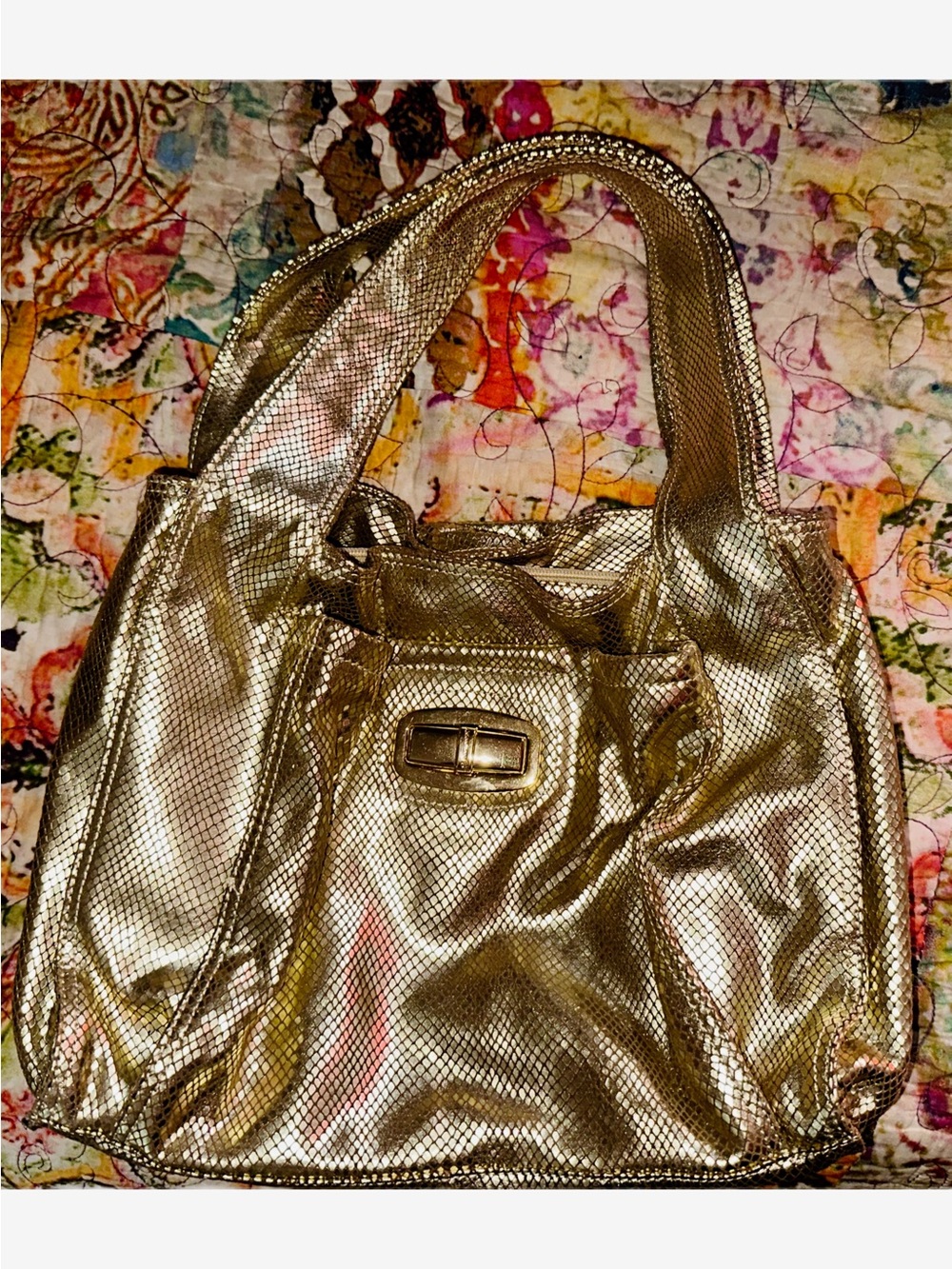 B. Makowsky Metallic Gold Snake Embossed Leather Hobo Bag